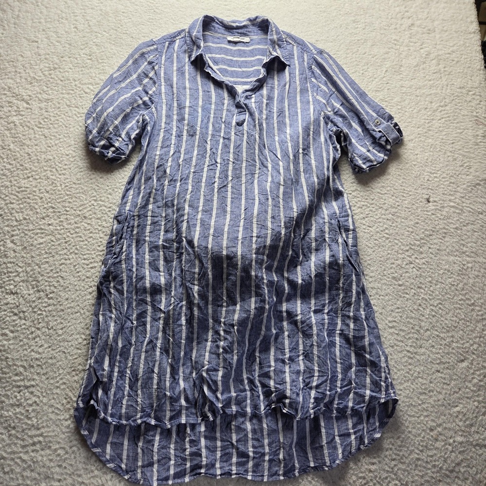 Beach Lunch Lounge Shirt Dress Womens XL Blue Stripe Short Sleeve Collared Linen